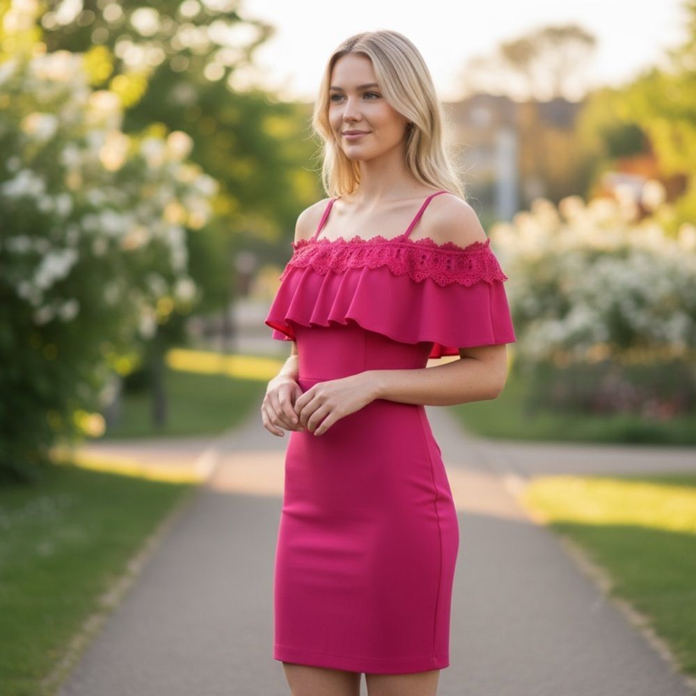 Cold Shoulder Crepe Scuba Dress w/ Flounce Ruffle
